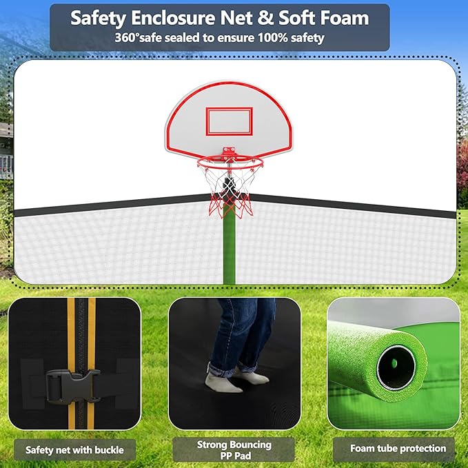 Upgraded 10/12/14/15/16FT Trampoline Outdoor, Large Kids Trampoline with Light, Stakes, Sprinkler, Backyard Trampoline with Basketball Hoop and Net, Capacity for 4-6 Kids and Adults