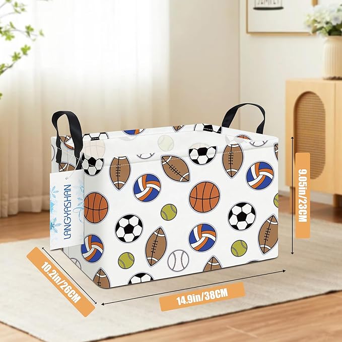 LANGYASHAN Rectangular Storage Bin Collapse Canvas Fabric Cartoon Storage Basket with Handles for Organizing Home Kitchen Boys and Girls Toys Office Closet Shelf Baskets (Rec Colorful Balls)