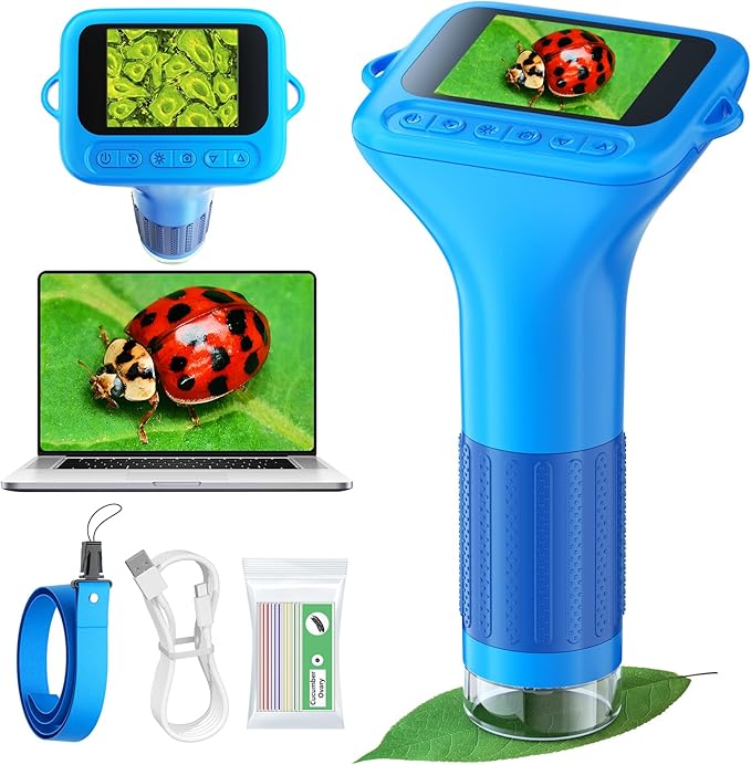 Microscope for Kids with 12 Slides, 100X-1000X 1080P Digital Handheld Kids Microscope, Mini Portable Pocket Miniscope Science Toys Gifts for 3+ 4 5 6 7 8 9 10 11 12 Year Old Boys Girls, Blue