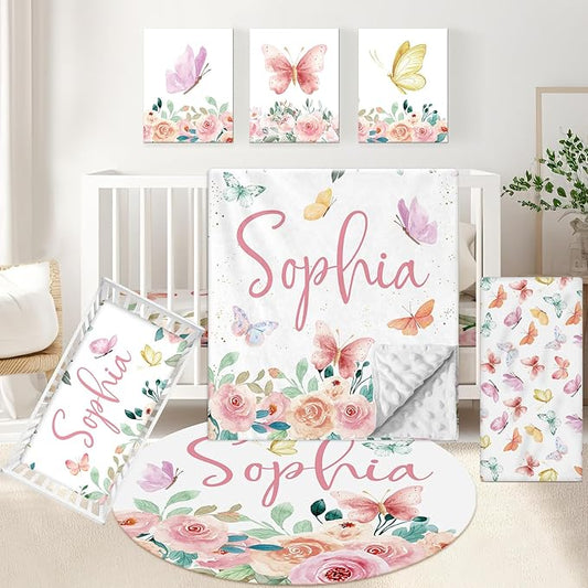 Personalized Baby Crib Bedding Set, 5 Pcs Custom Baby Crib Sets with Name, Double Layer Butterfly Nursery Bedding Set for Girls, Soft Flannel Baby Bedding Set, Toddler Infant Customized Gift