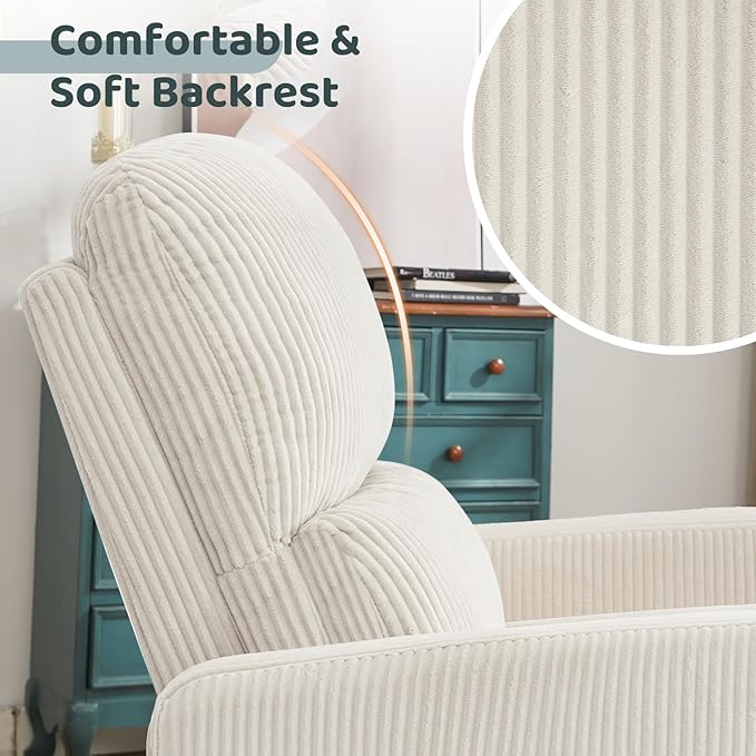 Swivel Rocker Recliner, Oversized Power Recliner Glider with Removable Cushion, Upholstered Swivel Reclining Nursery Chairs for Living Room Bedroom, Corduroy White