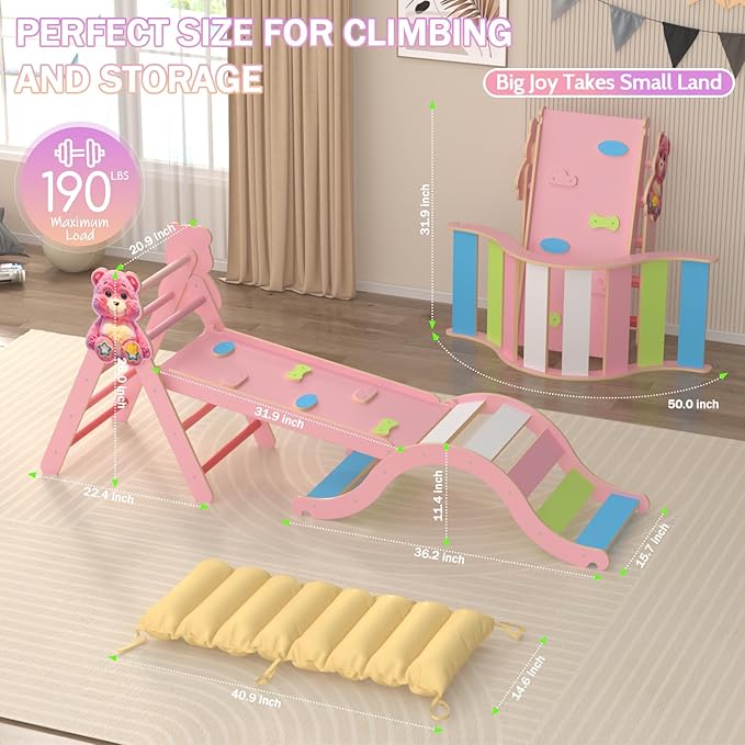 Pikler Triangle Set with Cushion 9 in 1, Climbing Toys for Toddlers 1-3, Montessori Indoor Baby Playground for Safe Motor Skills Development, Large Foldable Wooden Climbing Toys Set for Playroom