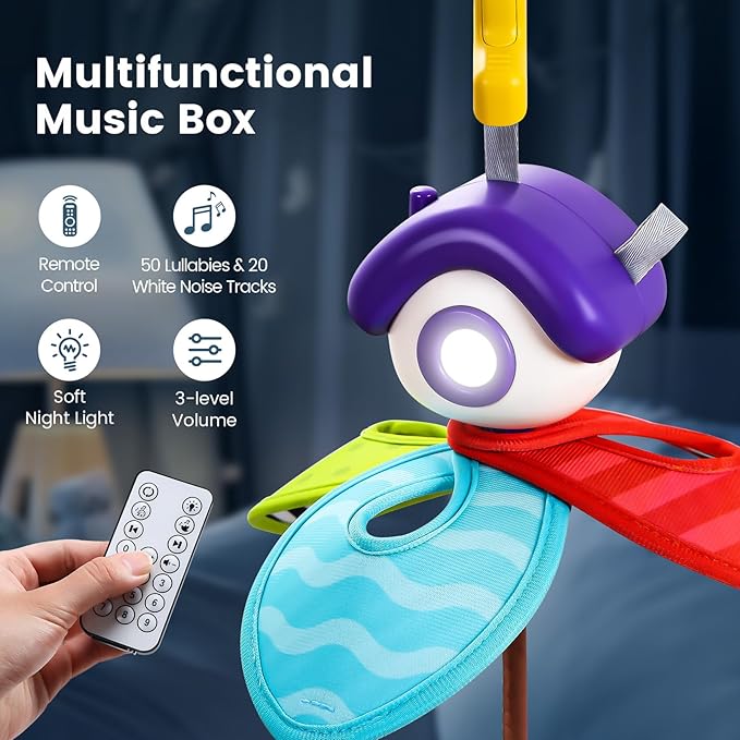 CUTE STONE Baby Crib Mobile with Music and Lights, Nursery Crib Mobile with Remote Control, Detachable Hanging Mobile for 3+ Months Newborn Babies, Fits Cribs and Strollers