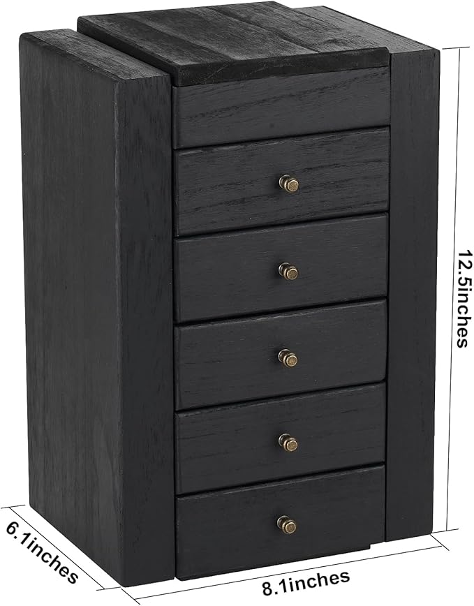 Meangood Jewelry Box Wood for Women, 6-Layer Large Organizer Box with Mirror & 5 Drawers for Rings, Earrings, Necklaces, Vintage Style, Black