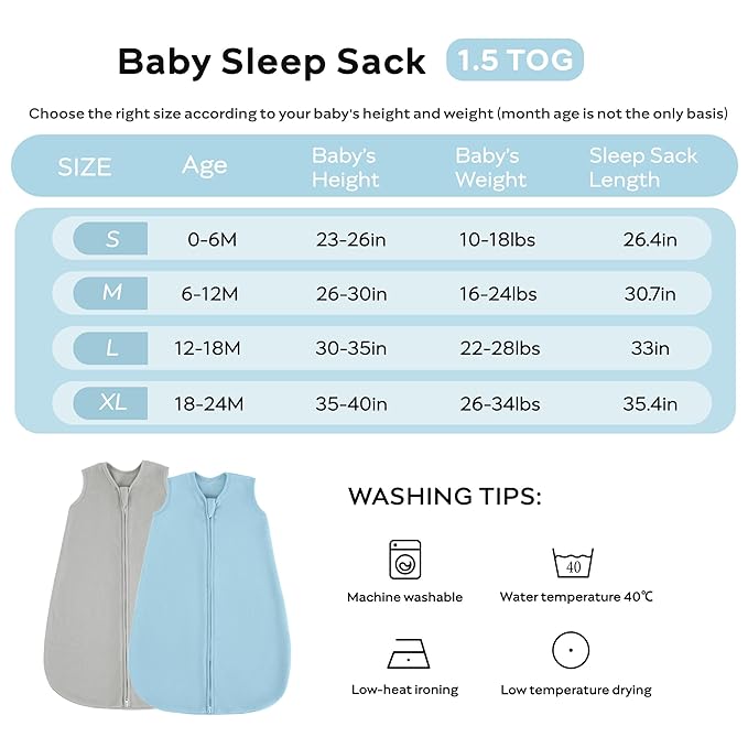 JELLYMONI Fleece Baby Sleep Sack 6-12 Months, 2 Pack 1.5 TOG Baby Wearable Blanket Winter Infant Sleeping sack with 2-Way Zipper, Warm Toddler Sleep Sack