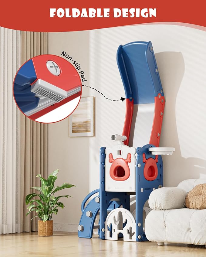 XJD 7 in 1 Toddler Slide, Kids Indoor Slide for Toddlers 12-36 Months, New Upgrade with Golf, Basketball Hoop for Indoor Outdoor Playset,Toddler Playground (Blue Red)