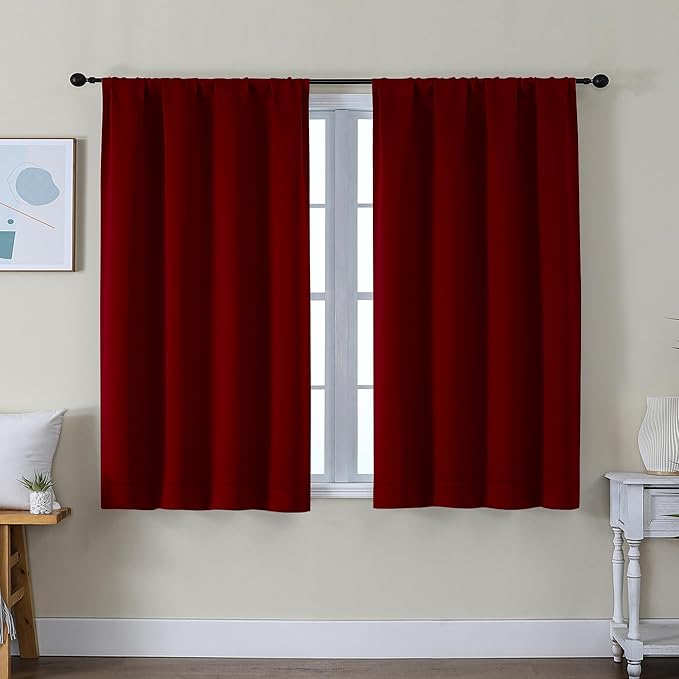 Simplebrand Ava Red Short Blackout Curtains for Bedroom 45 Inches Long 2 Panels Set, Solid Thermal Insulated, Energy Saving Window Treatment Curtains Blackout Drapes, W40 x L45 Inch, Red