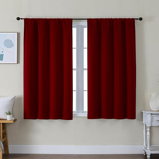 Simplebrand Ava Red Short Blackout Curtains for Bedroom 45 Inches Long 2 Panels Set, Solid Thermal Insulated, Energy Saving Window Treatment Curtains Blackout Drapes, W40 x L45 Inch, Red