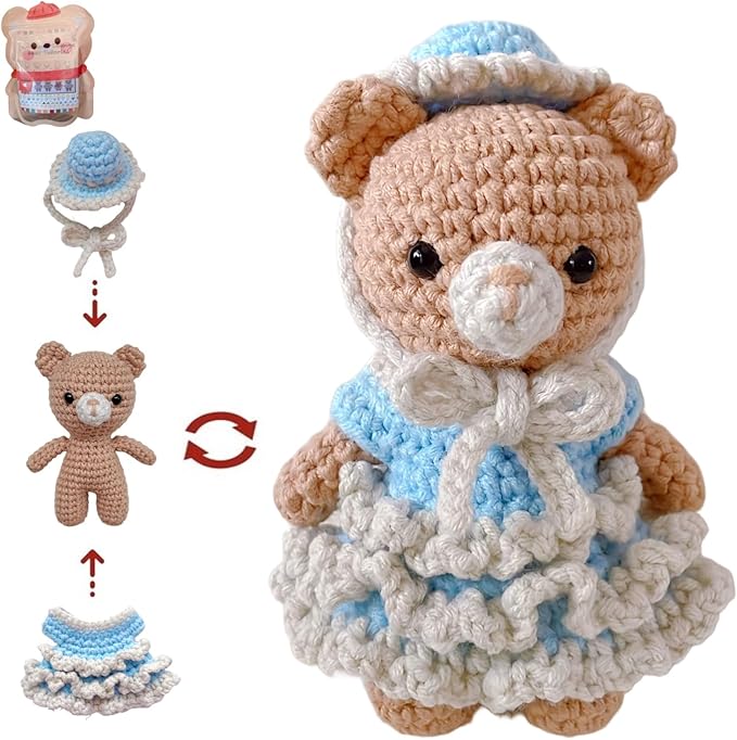 LoopMap Crochet Kit for Beginners - DIY Amigurumi Bear with Removable Dress & Accessories - Step-by-Step Video Tutorials, Extra Yarn, Crochet Tools, Handmade Gift for Kids & Adults (Bear K02, Blue)