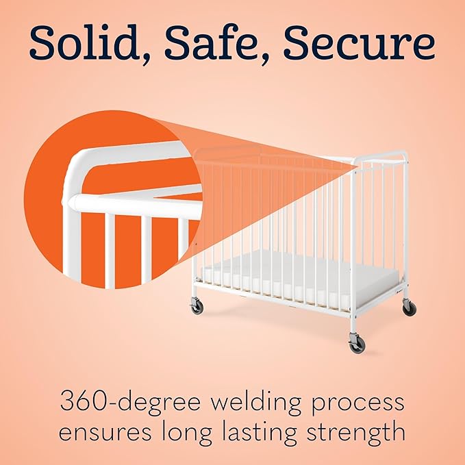 Foundations Chelsea Clearview Metal Compact Daycare Crib, 3" Casters, Compact Mini Size, Easy to Clean Durable Finish, Adjustable to Two Heights Mattress Board (White)