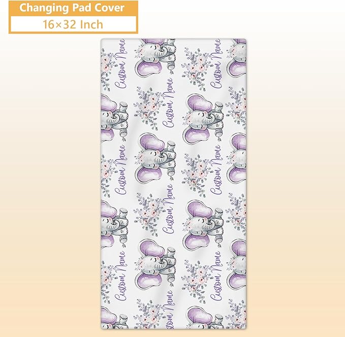 Personalized Baby Crib Bedding Set, 5 Pcs Custom Name Nursery Bedding Set, Purple Elephants Baby Bedding Set for Girls Boys, Double Layer Baby Crib Sets, Customized Gifts for Toddlers Infants