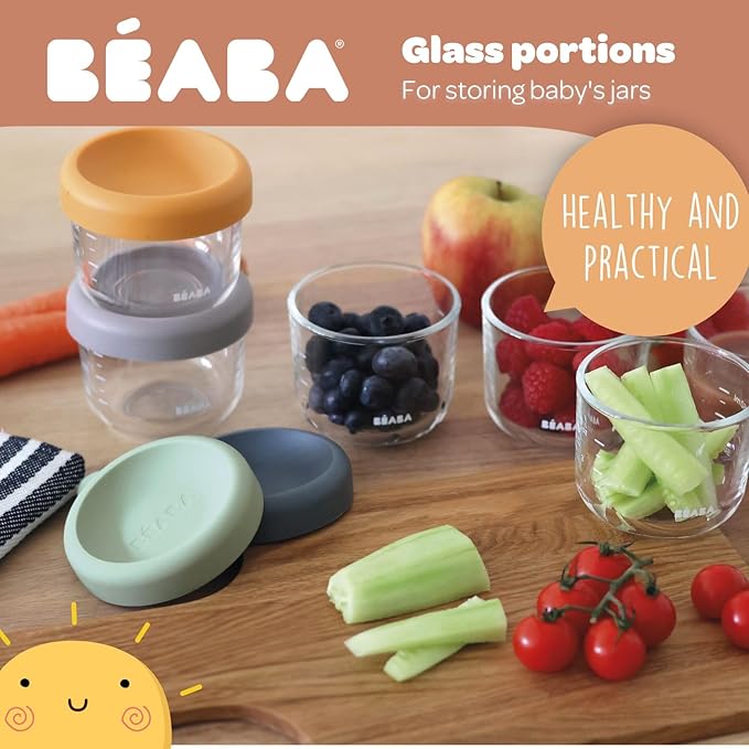 Beaba 2 Pack Glass Baby Food Jars, Freezer, Sterilizer, and Dishwasher Safe, 5 oz Baby Food Storage Jars with Silicone Air Tight Lid, Mineral/Sage
