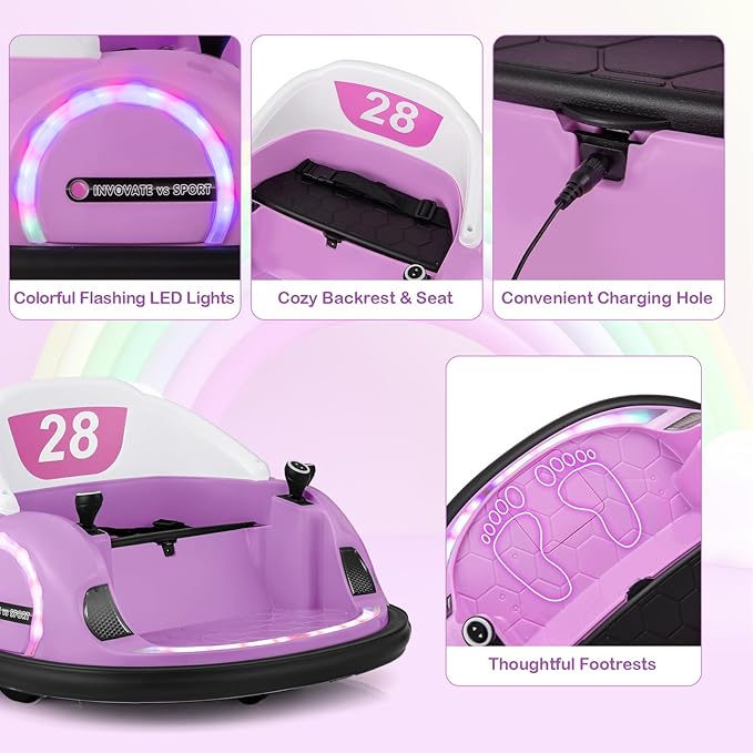 GLACER 12V Bumper Car, Electric Kids Bumper Car w/Parental Remote, 3-Speed, 360°Spin, Music, LED Light, Battery Ride on Bumper Car w/Dual Joysticks, Baby Bumper Car for Toddlers 18 Months+ (Pink)