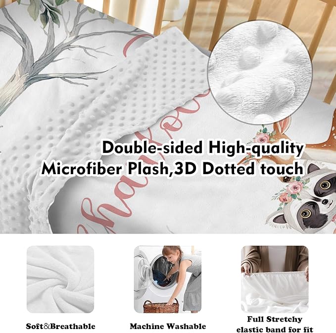 Personalized Nursery Crib Bedding Set: Custom Name 5 Piece Baby Crib Sets with Cute Sika Deer & Fox Pattern - Toddler Double Layer Blanket Set, Comfortable Crib Bed Sheets for Baby Grils