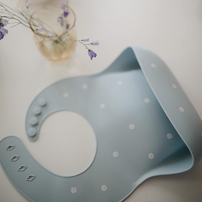 mushie Silicone Baby Bib | Adjustable Fit Waterproof Bibs (White Daisy)