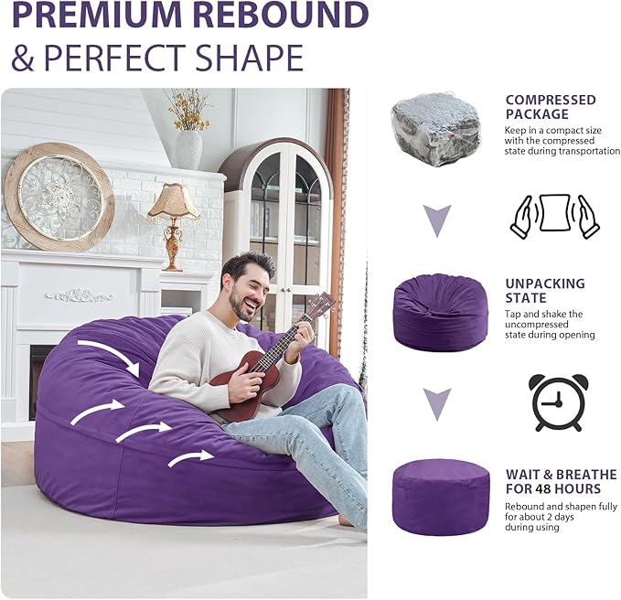 5FT Bean Bag Chair, Large Bean Bag Chairs with Memory Foam Filled, Fluffy Beanbag Sofa with Dutch Velvet Cover, Round BeanBag Chairs for Living Room, Playroom - Purple