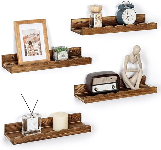 Fun Memories Picture Ledge Shelf for Wall, 16 inch Pine Wood Nursery Book Shelves Set of 4- Wall Book Shelves for Kids Room, Home Decor - Kitchen Spice-Carbonized