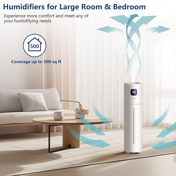 Large Humidifiers for Bedroom, 9L/2.5Gal Ultrasonic Cool Mist, Easy Clean with 350ML/H Large Mist Speed, Quiet Tower, Suitable for Kids Room Plant Yoga (White)