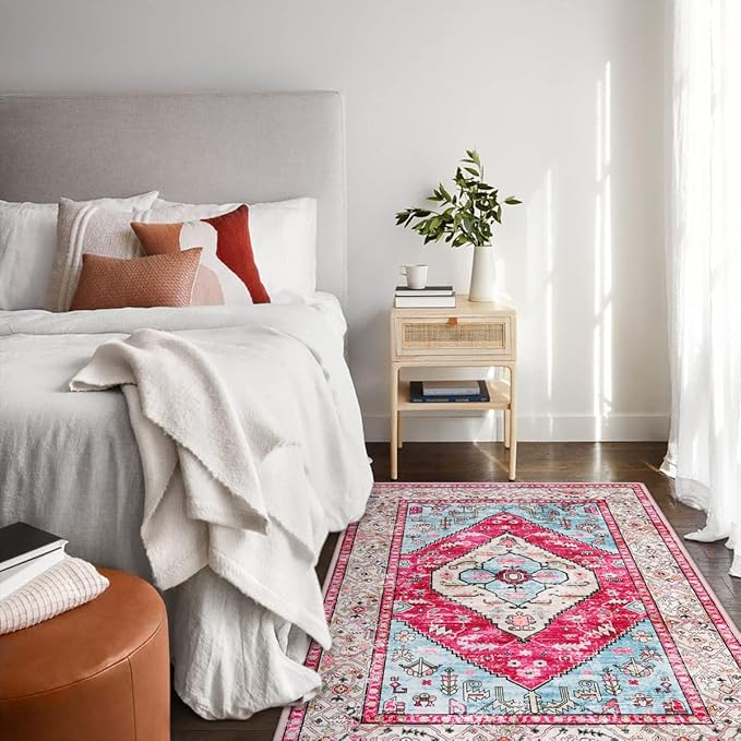 Lahome Boho Round Rug - 6Ft Washable Area Rug, Non-Slip Small Bathroom Rug, Lightweight Bedroom Throw, Oriental Distressed Print Carpet for Entryway, Sofa, Nursery, Kids Room