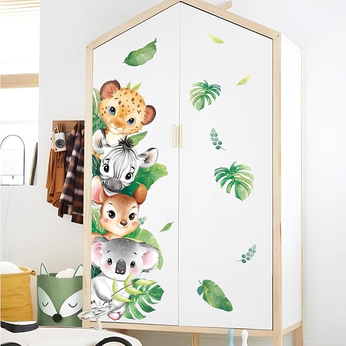Tanlaby Jungle Animals Wall Stickers Woodland Animal Wall Decals Leopard Deer Zebra Safari Peel and Stick Art Decor for Baby Nursery Kids Bedroom Playroom Daycare Kindergarten