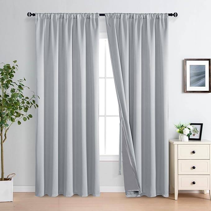 XWZO Full Shading Blackout Curtains 84 Inches Length with Tiebacks- Heat and Light Blocking Rod Pocket Window Drapes with Black Liner for Bedroom/Kid's Room, Light Grey, W70 x L84, Set of 2 Panels