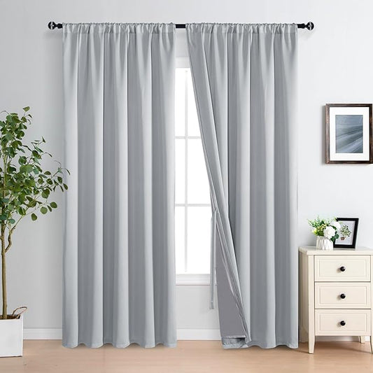 XWZO Full Shading Blackout Curtains 84 Inches Length with Tiebacks- Heat and Light Blocking Rod Pocket Window Drapes with Black Liner for Bedroom/Kid's Room, Light Grey, W70 x L84, Set of 2 Panels