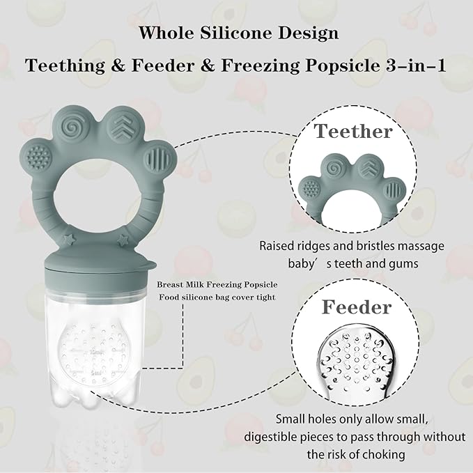 Baby Fruit Food Feeder - Silicone Nibble Tray Combo - Breastmilk Popsicle Mold for Cooling Relief, BPA Free Mesh Feeder for Infant Self Feeding (Claw Blue + Pineapple)