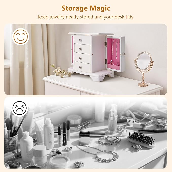 Jewelry Box,White Wooden Jewelry Box With Top Mirror, Jewelry Organizer Wooden Is Suitable For Storing Rings,Bracelets,Necklaces Etc