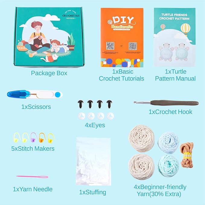 Eelexa Crochet Kit for Beginners, Amigurumi Crocheting Animal Kits, with Step-by-Step Video Tutorials for Kids Adults Beginner - 2 Pack Turtles