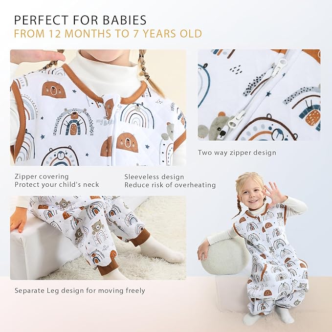 Baby Toddler Sleep Sack with Feet 2.5 TOG Winter, Wearable Blanket with Legs, Toddler Sleeping Sack Long Sleeve (Bear, 12-24 Month)