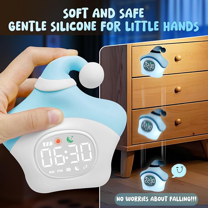 Star Alarm Clock with Night Light for Kids with Sleep Training and Sound Machine, Rechargeable Silicone Lamp OK to Wake Clock, Cute Animal Tabletop Lamp, Perfect Sleep Companion for Boys Girls, Blue
