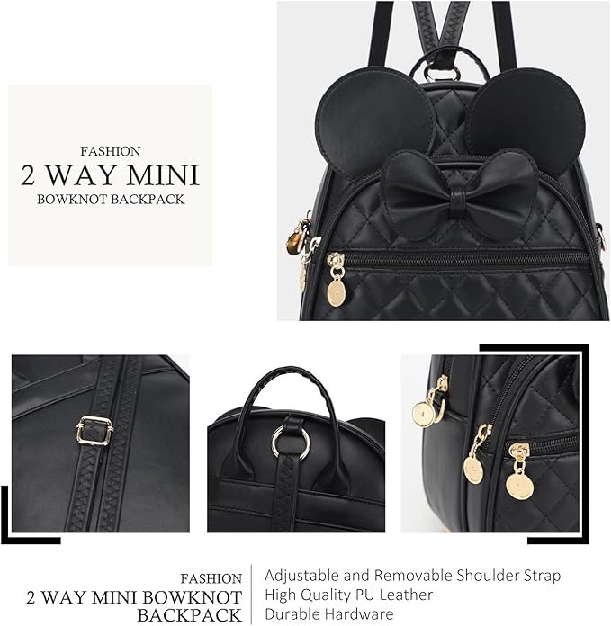 KL928 Girls Bowknot Polka Dot Cute Mini Backpack Small Daypacks Convertible Shoulder Bag Purse for Women