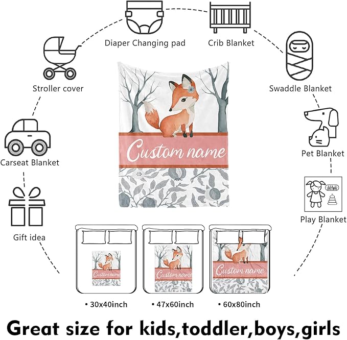 Custom Nursery Crib Bedding Set: Personalized Name 4 Piece Fox Pattern Baby Crib Sets for Girls - Toddler Double Layer Blanket Set, Comfortable Crib Bed Sheets for Baby Toddlers