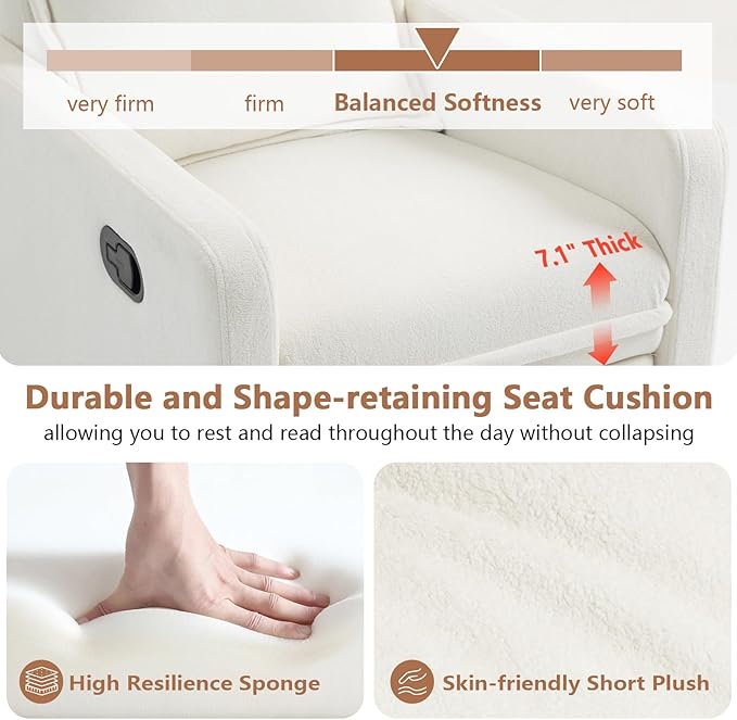 Swivel Rocking Recliner Chair for Nursery, Upholstered Glider Rocker Recliner, Swivel Reclining Chair for Nursery Living Room Bedroom, White Short Plush