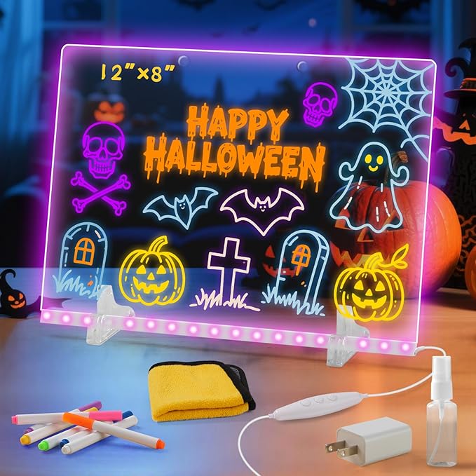 Lumiboard Led Drawing Board with 7 Colors,Light Up Acrylic Cosmody Drawing Board,Glowing Acrylic Dry Erase Board with Light,Lumiboard Led Boards to Write On,Halloween Gifts for Kids (12“*8”)