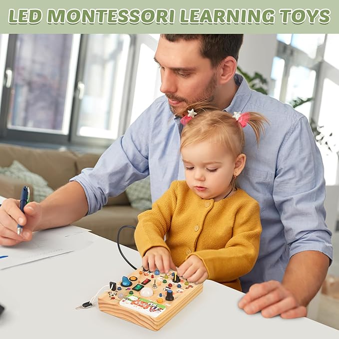Joyreal Wooden Busy Board with LED Light, Montessori Toddler Toys, Wooden Sensory Board, Toddlers Activity Travel Toys for Boy & Girl Birthday Gift (Farm Theme)