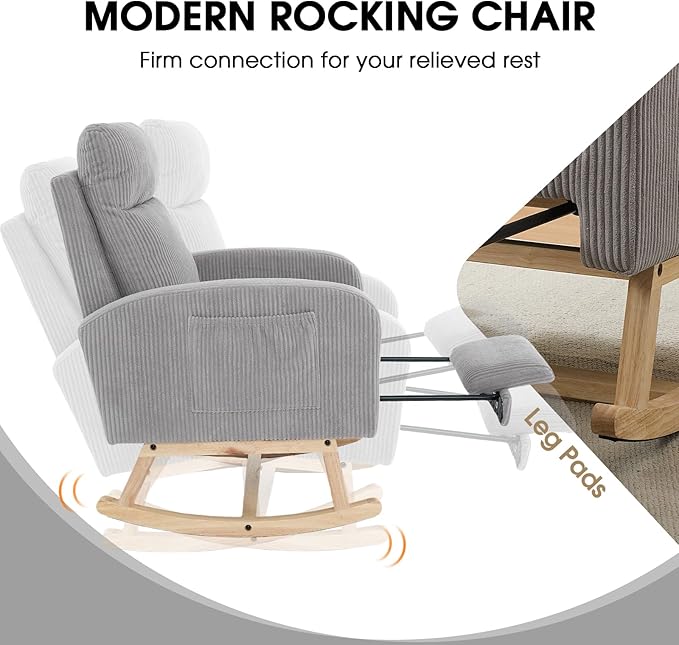 NIOIIKIT Nursery Rocking Chair, Corduroy Upholstered Rocking Chair with Adjustable Footrest, Tufted Rocker Chair with Side Pocket, Glider Rocker for Living Room, Bedroom (Gray Modern)