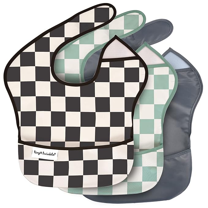 Tiny Twinkle Mess-Proof Baby Bib - Waterproof Bib for Baby Boy or Girl - Machine Washable - Adjustable Closure - PVC, BPA, & Phthalate Free - Great for Travel - Baby Food Bibs (3 Pack, Checkers Boy)