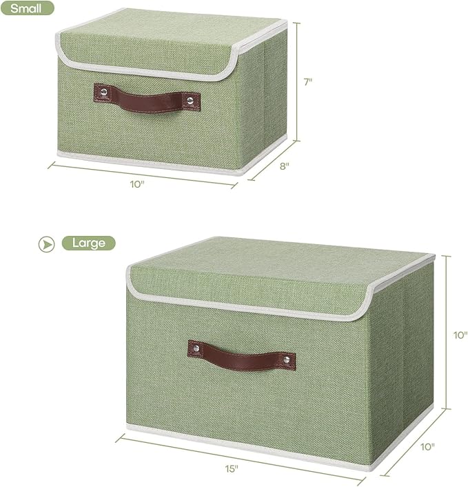 ANMINY 2PCS Storage Bins with Lid PU Leather Handles Storage Boxes PP Plastic Board Decorative Foldable Lidded Cotton Linen Fabric Home Cubes Baskets Closet Organizer Containers - Green, Large Size