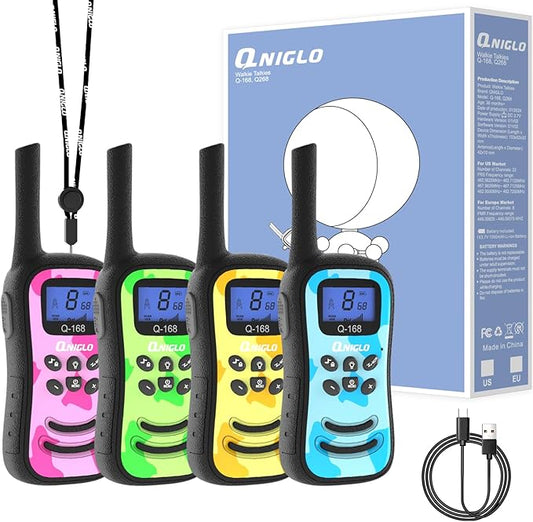 Qniglo Rechargeable Walkie Talkies for Kids with USB Charger, 22 Channels Walkie-Talkies with Lanyard, Camo Toys Gifts 4 Pack Walky Talky for Camping Hiking Family Games, for Age 3 4 5-12 Boys Girls