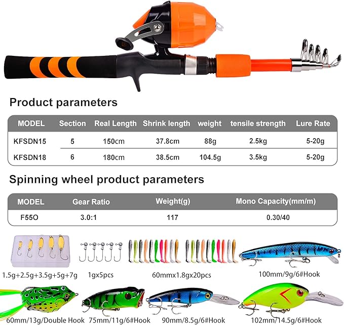 PROBEROS Kids Fishing Pole - Portable Telescopic Fishing Rod and Reel Combo Kit - Spincast Fishing Reel Casting Rods with Lures Lines Tackle Box and Bag for Boys Girls Youth Fishing