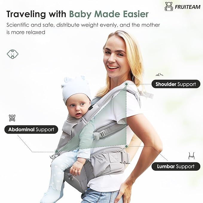 FRUITEAM Baby Carrier Newborn to Toddler- Safety - Certified 6 in 1 Hip Seat Carrier with Head & Lumbar Support, Adjustable & Removable Baby Holder for All Seasons, Great for Travel and Outdoor