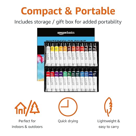 Amazon Basics Vibrant Watercolor Paint Set Tubes, 24 Colors, Assorted Colors