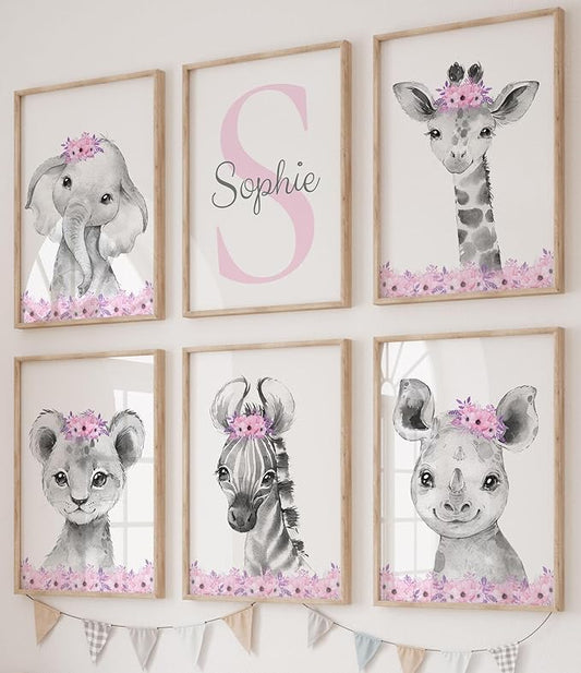 Personalized Safari Animals for Baby Girls Nursery Bedroom Unframed Set of 6 Poster Prints, Personalized Name Pink Purple Flowers Wall Art Decor New Baby Gift Present, Elephant Giraffe Panda Zebra Lion (9x12)