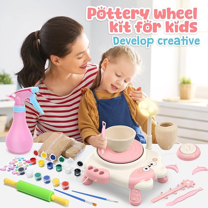 Skirfy Pottery Wheel for Kids Beginners with Light,Arts and Crafts for Kids Ages 8-12,Ceramic Wheel with Painting Kit, Adjustable Speed,Birthday Christmas Thanksgiving Gift for Girls Boys Age 6+