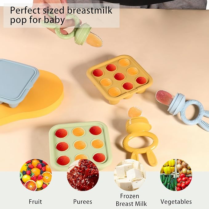 WAJIAYON Baby Food Freezer Tray,Silicone Nibble Freezer Tray,Baby Fruit Food Feeder Teether,Breastmilk Popsicle Mold,Babies Breast Milk Teether Pop Maker for Homemade Babies Meals-Blue