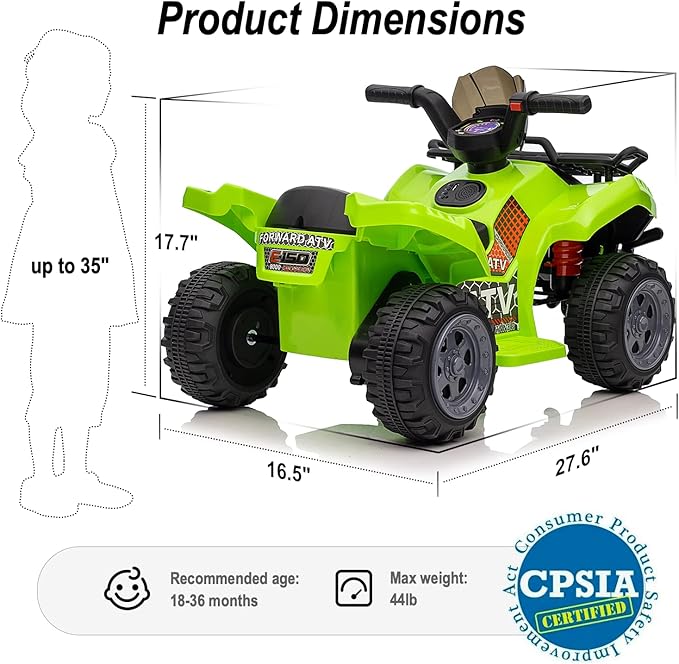 Kids ATV 4 Wheeler, 6V Ride-On Toy for Toddlers 1-3 Boys & Girls with Music, Forward & Reverse - Green