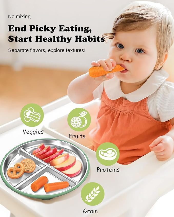 Stainless Steel Toddler Plate with Suction, 8” Divided Plates with Removable Silicone Sleeves for Baby, Non Toxic & BPA Free | Non Slip | Unbreakable Kids Snack Dishes Set of 2, Green & Purple