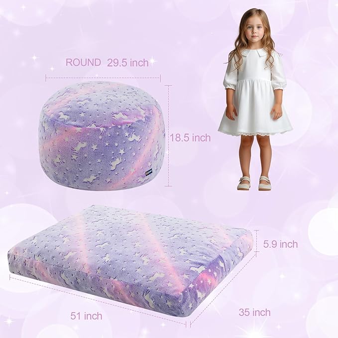 COMAX Kids Bean Bag Chair Turn into Beanbag Bed, Toddler Bean Chair for Girl Boy Sleeping, Lazy Children Bean Bags with Filler, Convertible Child Floor Mattress, Purple Unicorn