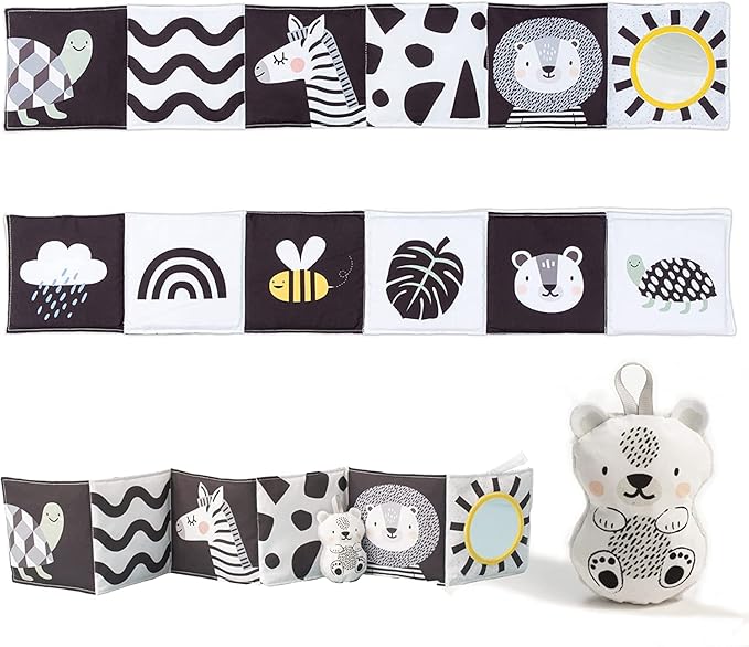 Taf Toys Newborn Soft Activity Book Black & White High Contrast Baby Book Infant Sensory Toys Tummy Time Soft Cloth Books for Babies Textured Fabric Crinkling Shapes Patterns 0-12 Months Newborn Toys